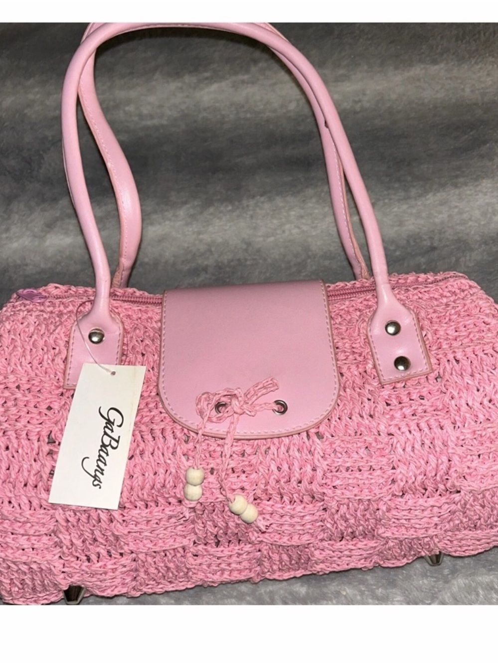 Pink Woven Hand Bag with Double Straps